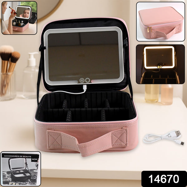 Premium Pink LED Makeup Organizer Box with Touch Sensor Mirror